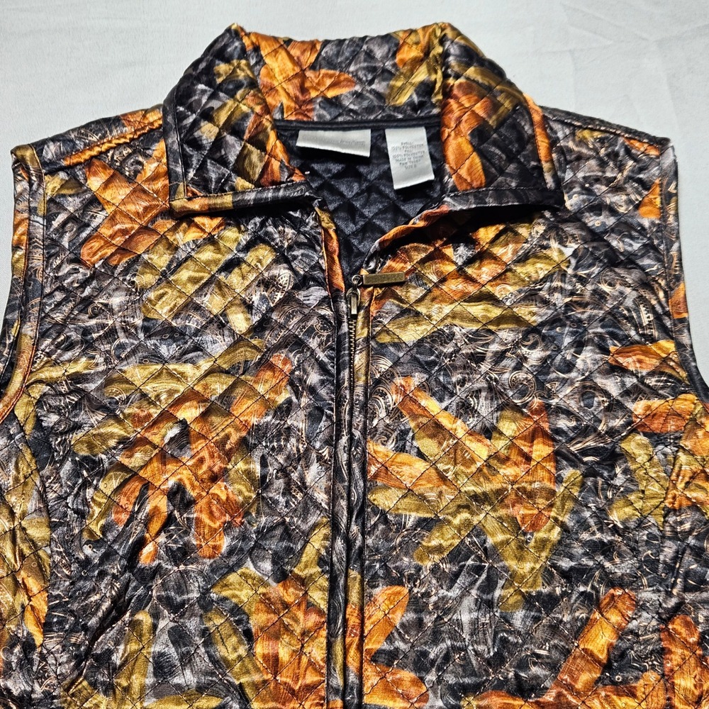 Chico's Quilted Vest Womens Size 0 Small Orange Gold Black Abstract Leaf Zip Up
